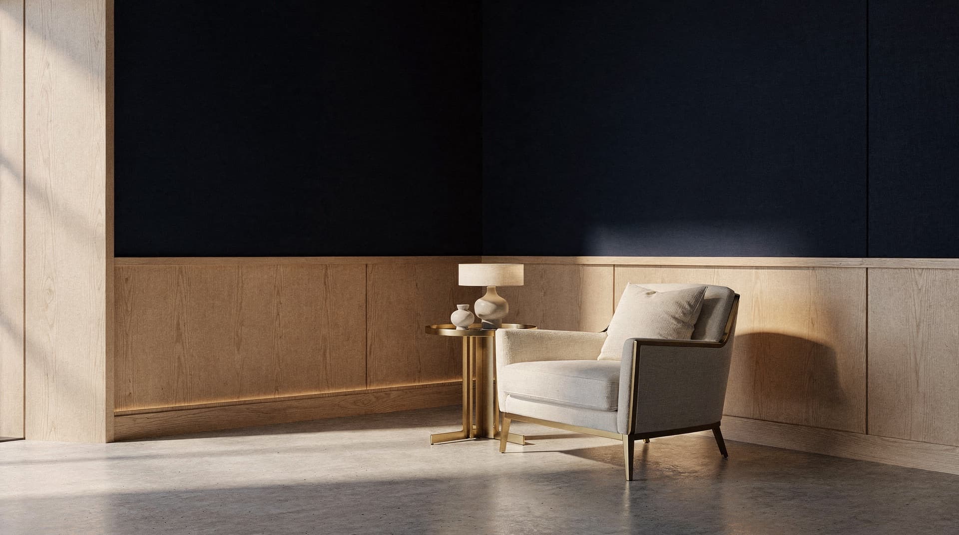 Canto de lounge premium com detalhes em latão escovado e navy profundo, credibilidade e realização.