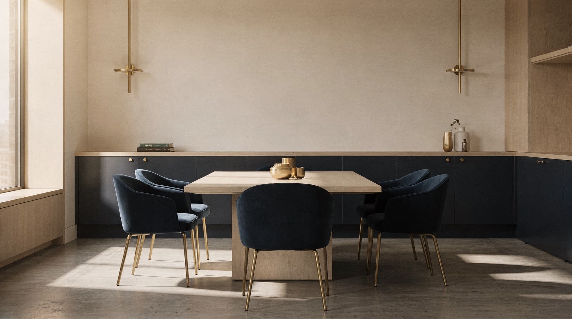 Mesa de reunião premium ao lado de janela luminosa, aberta e convidativa para uma conversa.