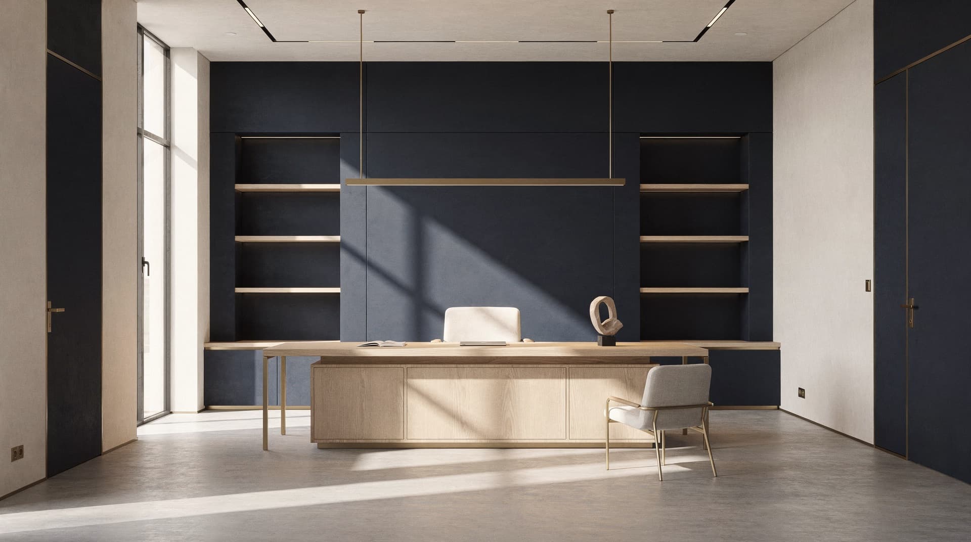 Interior arquitetônico premium de linhas estruturais limpas e solidez, a sensação de uma fundação bem construída.