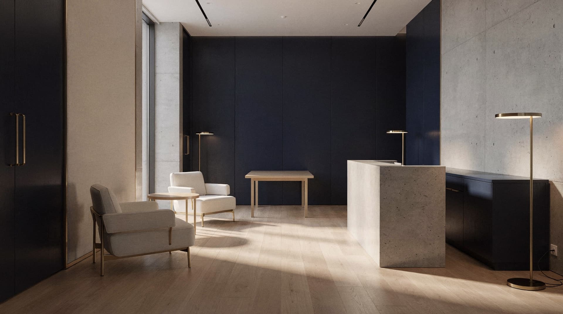 Interior premium com sentido linear de processo e direção, sob luz natural, intencional e ordenado.