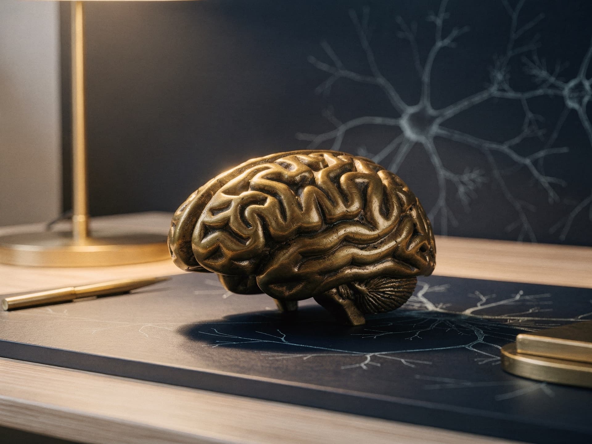 Ambiente editorial premium de consultório de neurologia, escrivaninha de nogueira, luminária de latão e escultura em bronze sobre mármore